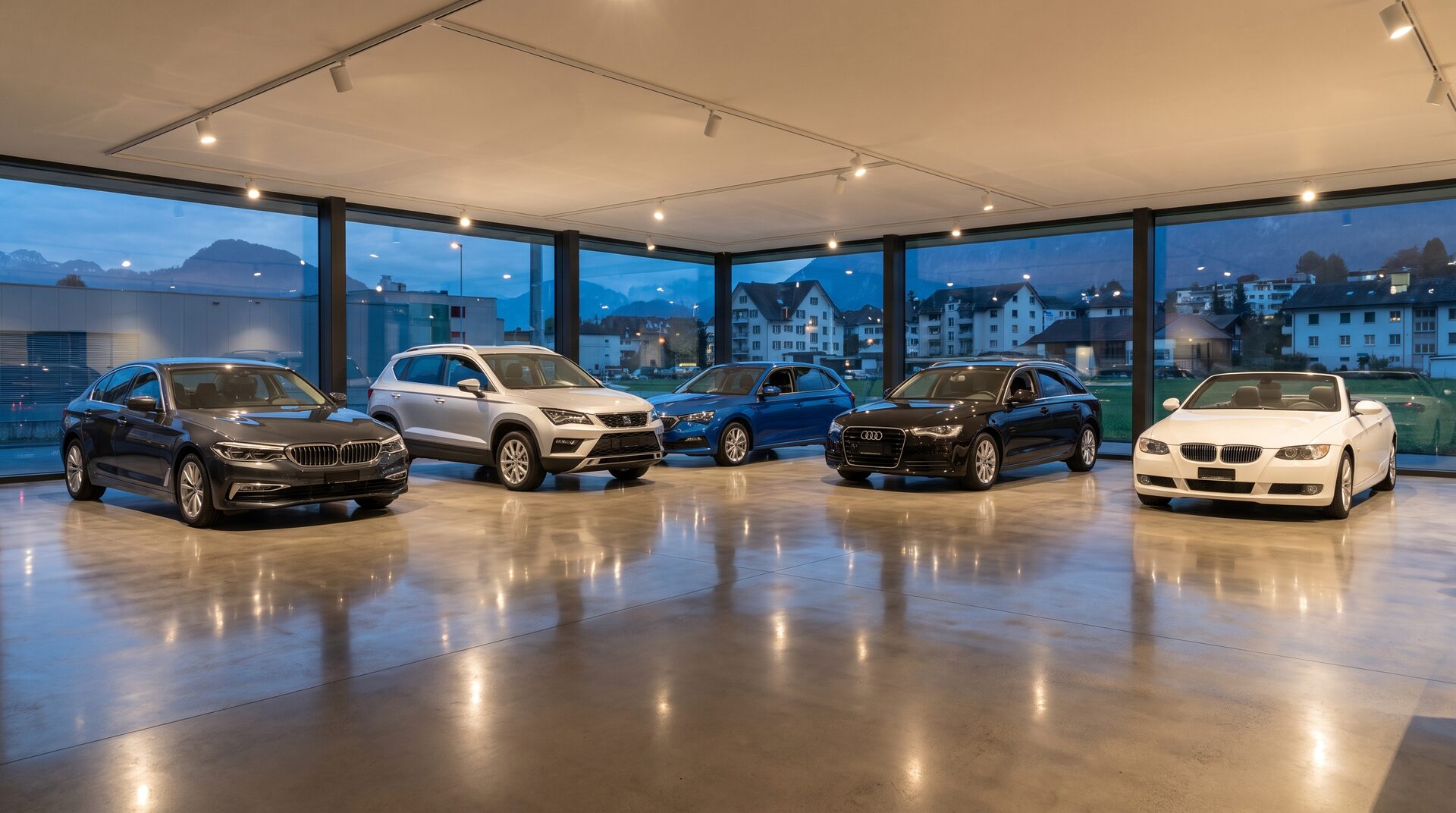 Heller Occasionen-Showroom mit fünf gepflegten Fahrzeugen und grosser Glasfront