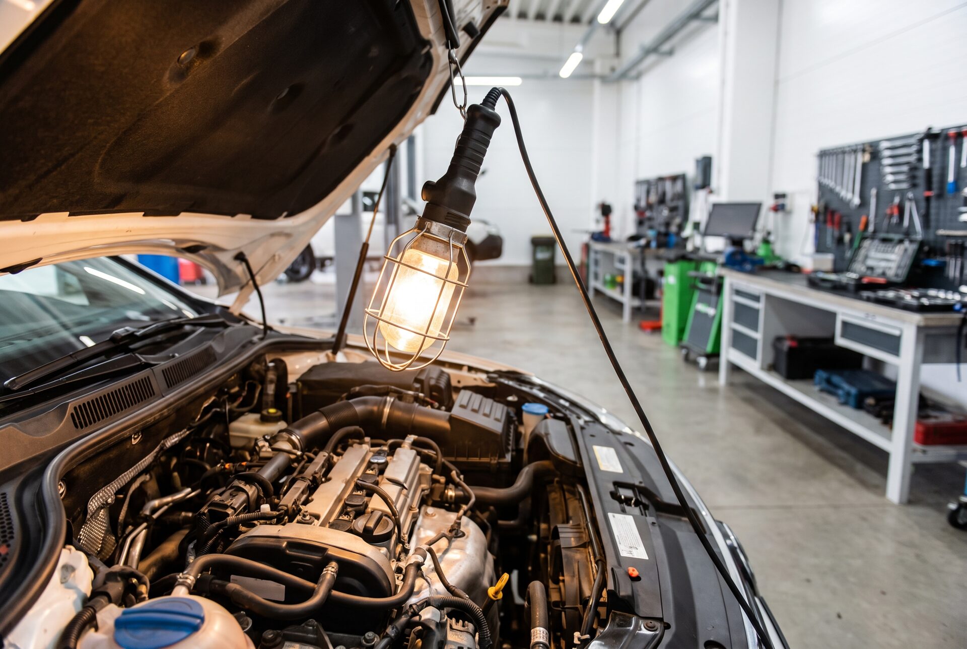 Werkstattlampe über einem Motorraum während der Eingangsprüfung