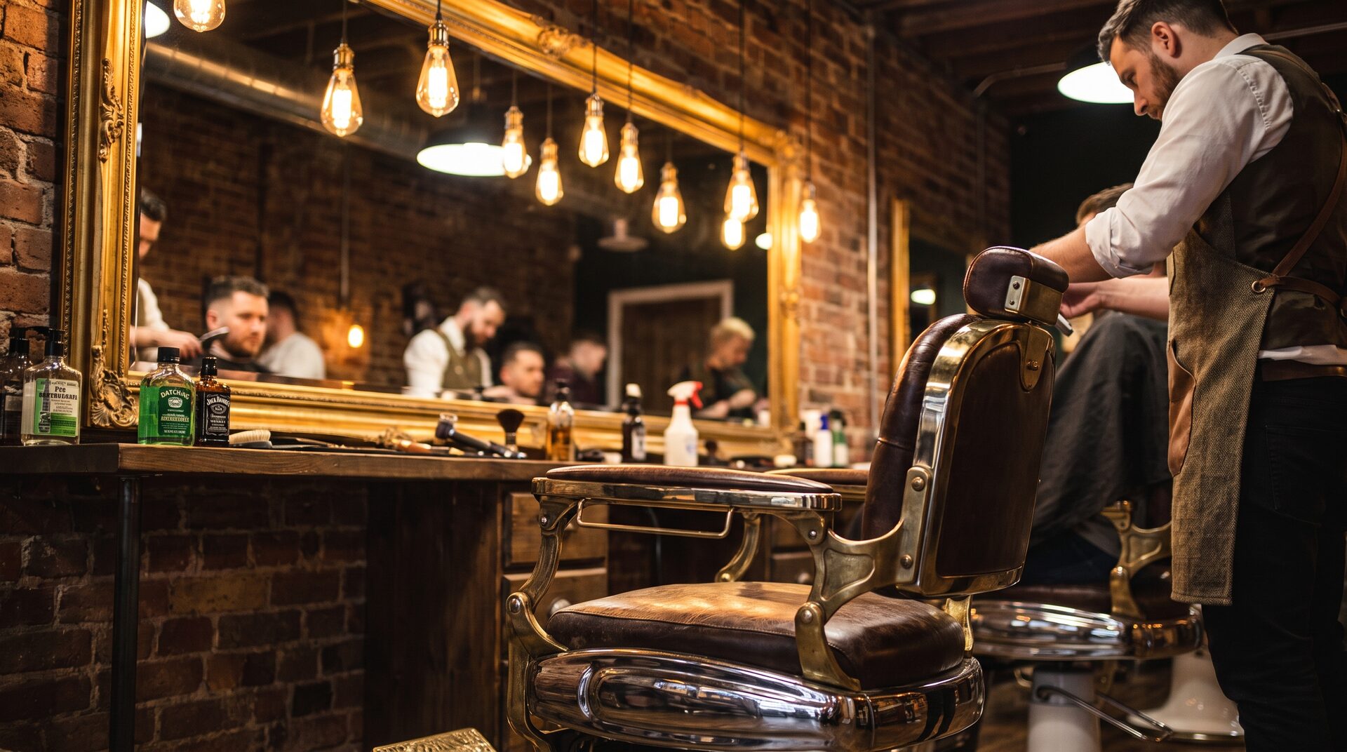 Barbershop-Interieur mit Chromstuhl, Leder und warmem Edison-Licht