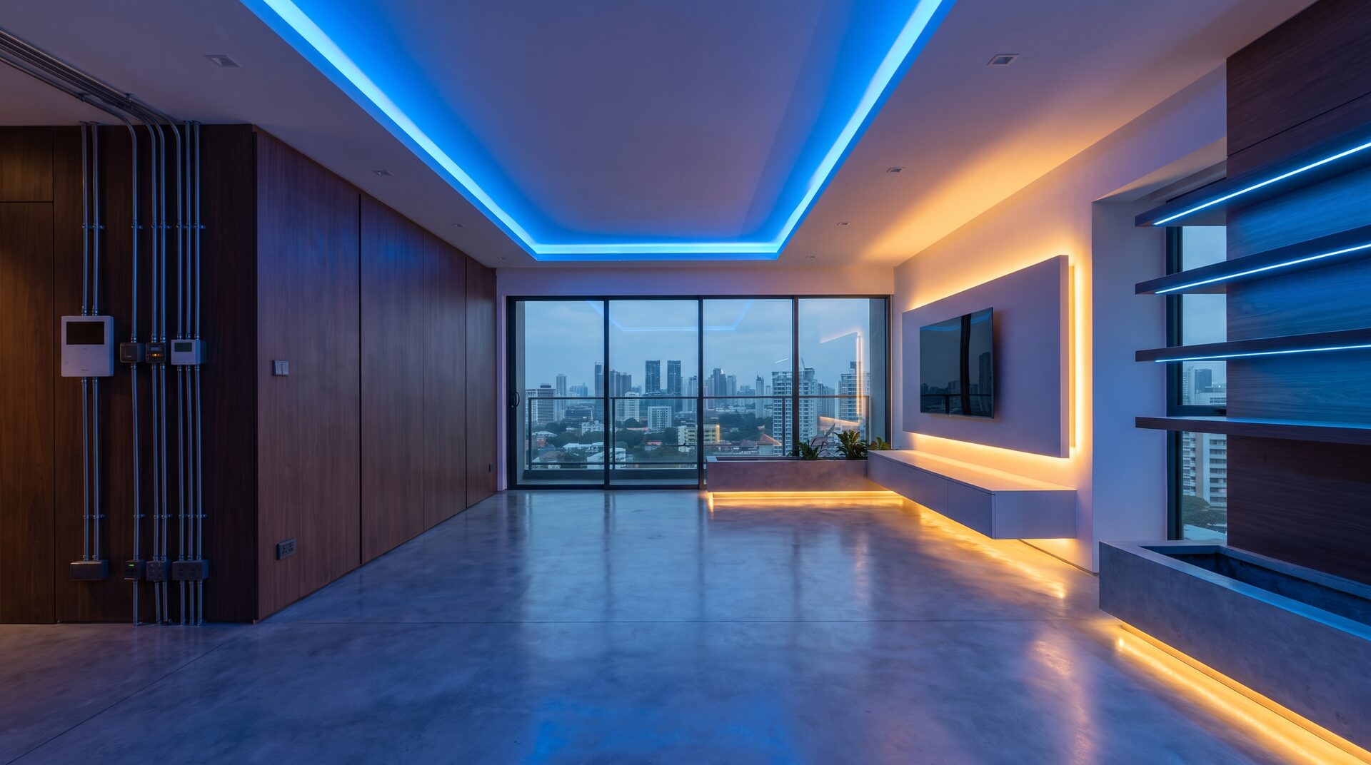 Modernes Wohnzimmer mit vernetzter Smart-Home-Beleuchtung und indirekten LED-Akzenten