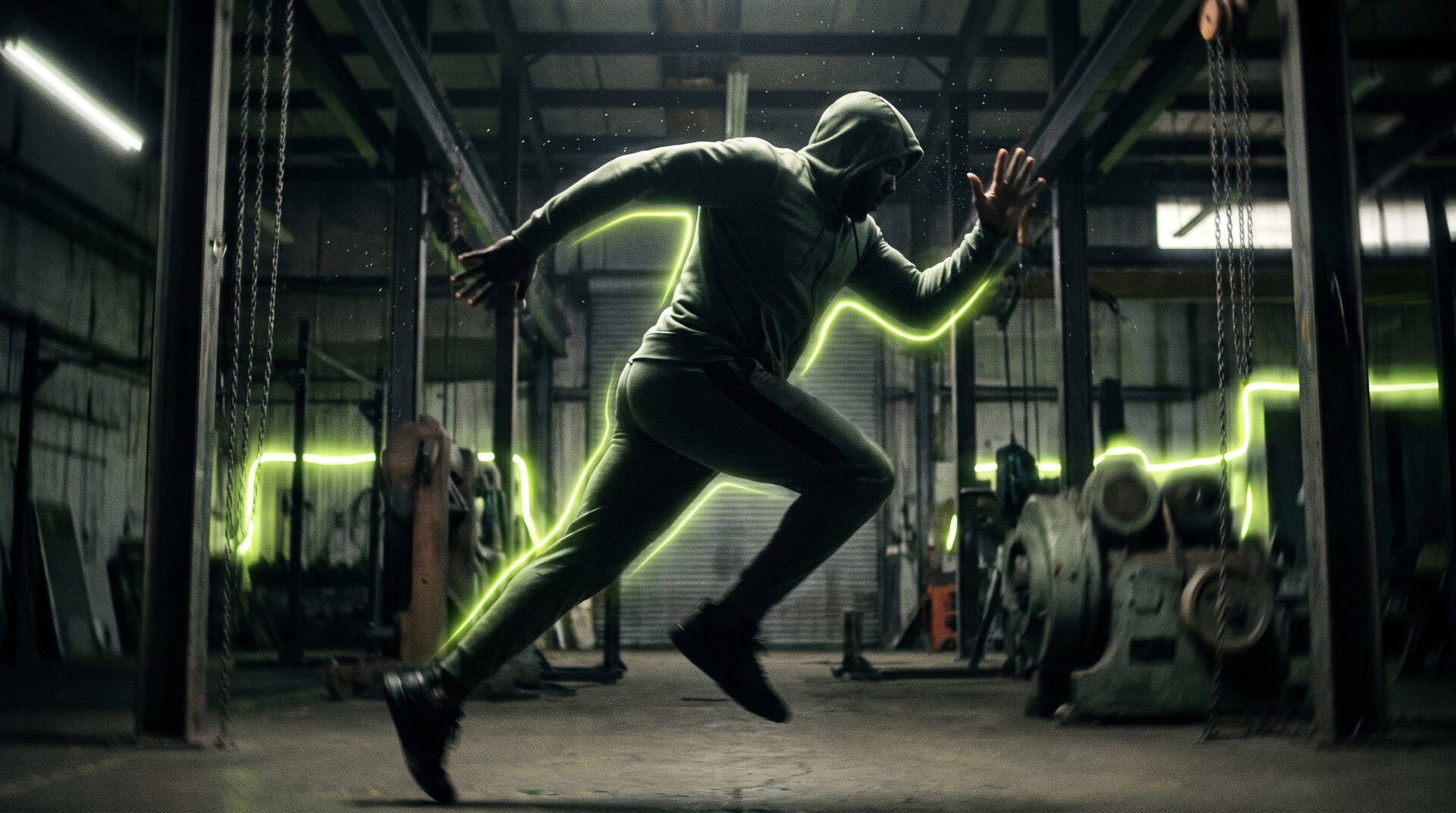 Athletin im Sprint mit limegrünem Neon-Konturlicht und Bewegungsunschärfe im dunklen Studio