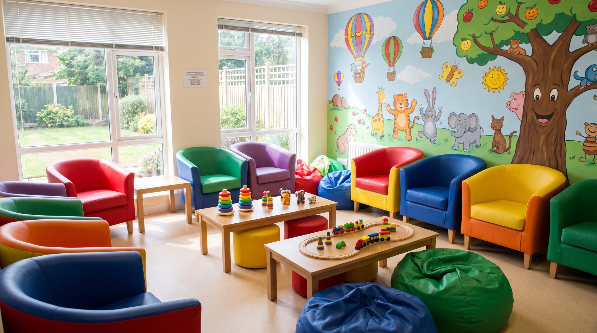 Fröhliches Kinderarzt-Wartezimmer mit farbigen Sitzmöbeln und Holzspielzeug