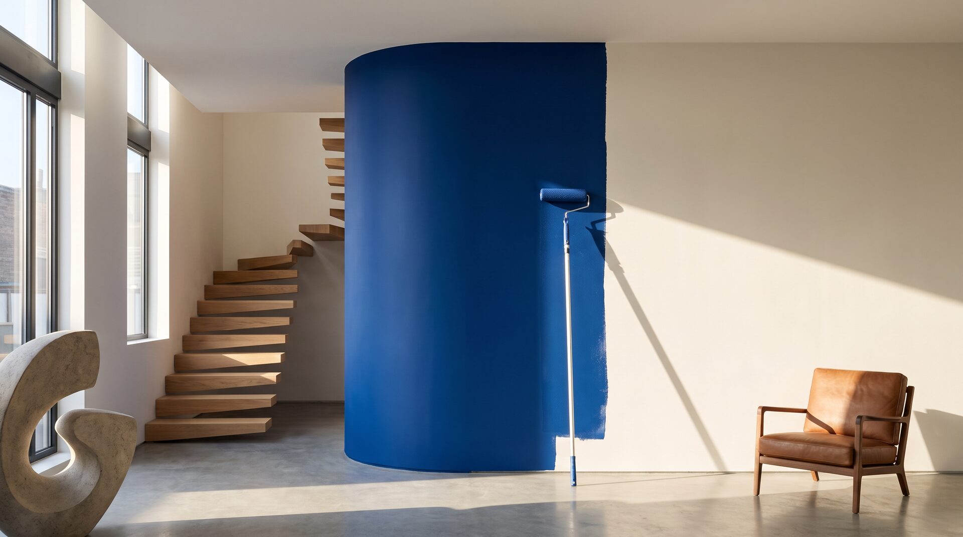 Frisch gestrichener, moderner Loft-Innenraum mit kobaltblauer Akzentwand