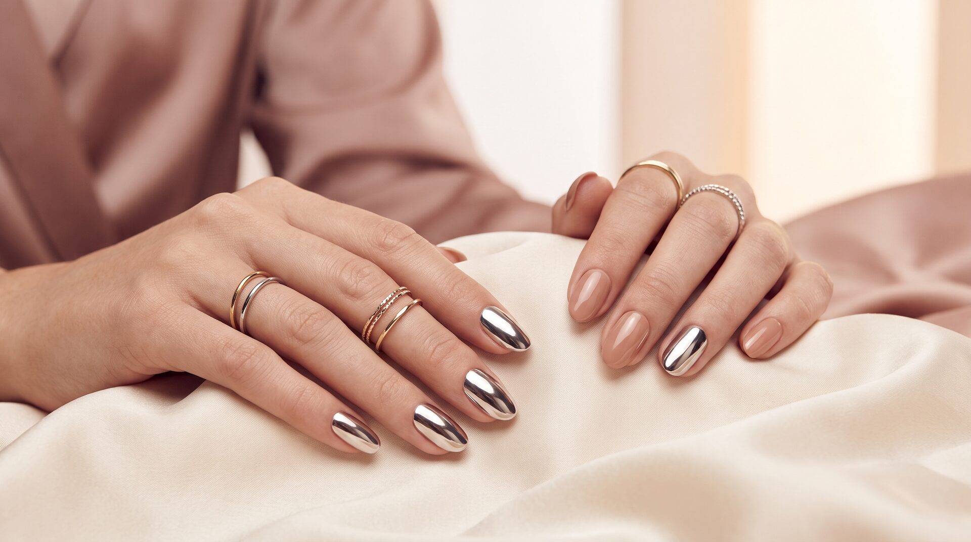 Elegante Hände mit perfekter Chrome- und Nude-Maniküre in editorialem Modelicht