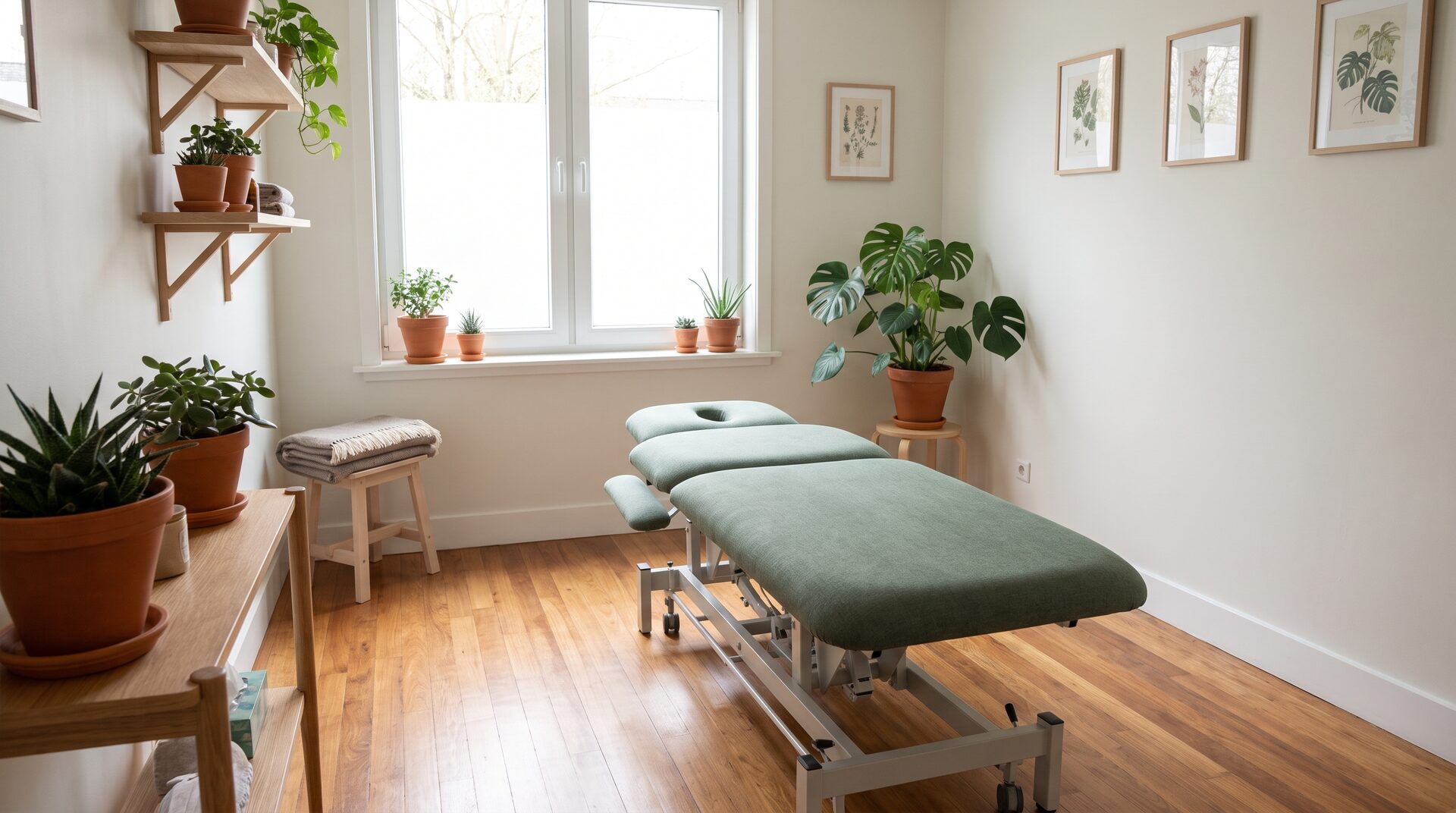 Ruhiger Osteopathie-Behandlungsraum mit Behandlungsliege und weichem Tageslicht