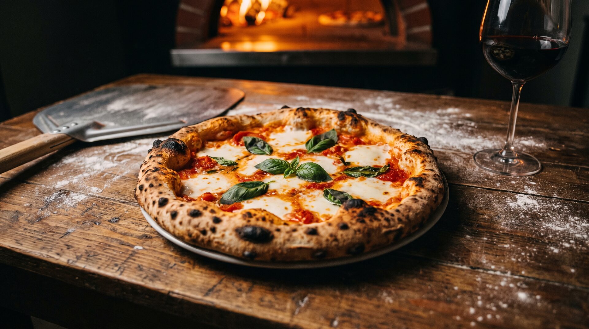 Neapolitanische Margherita-Pizza mit verkohltem Rand und frischem Basilikum auf rustikalem Holztisch