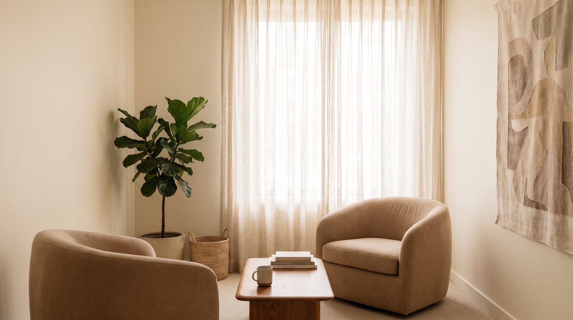 Ruhiger, minimalistischer Therapieraum mit zwei Sesseln und weichem Tageslicht