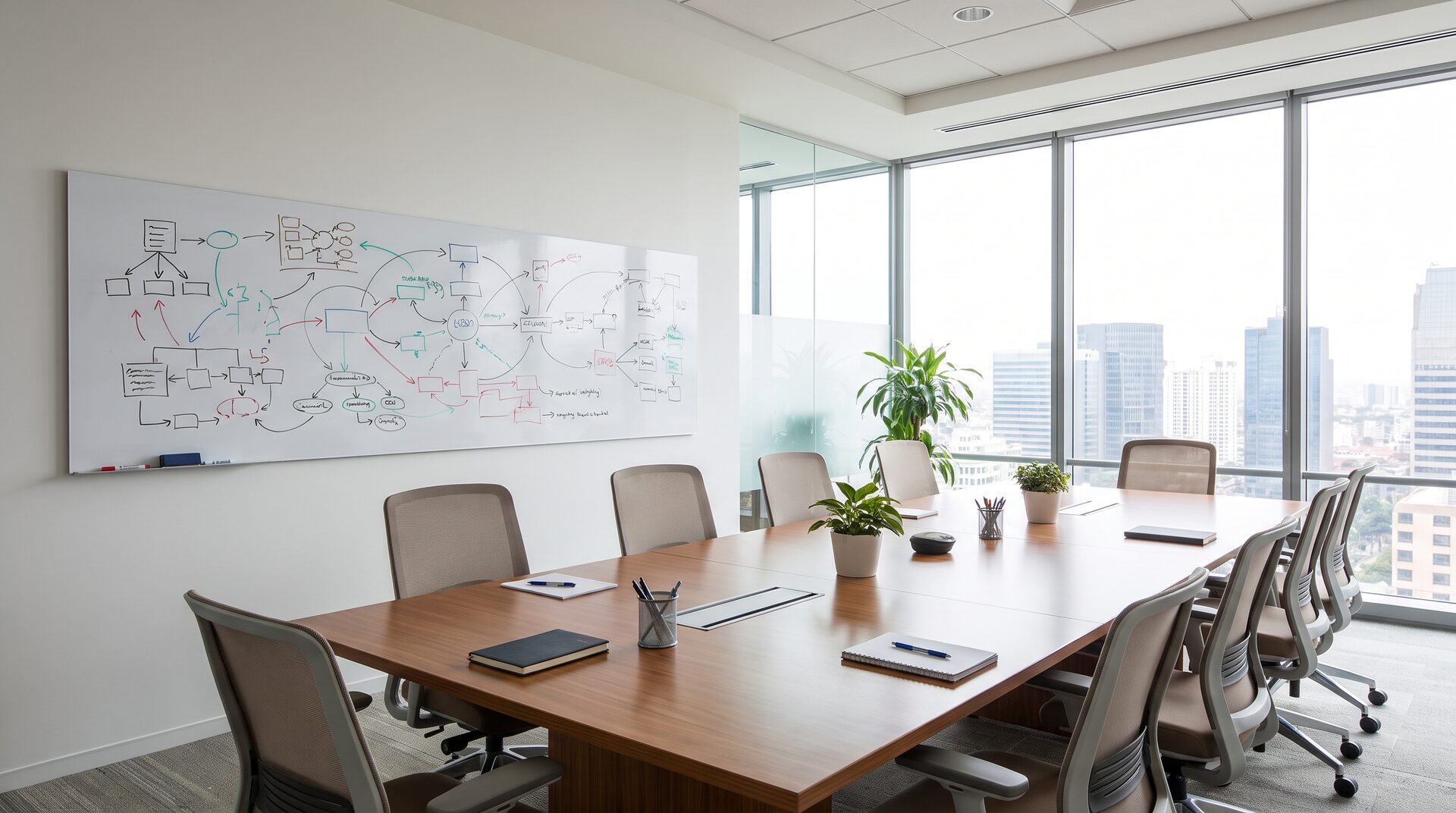 Besprechungsraum mit Whiteboard und Strategieskizzen