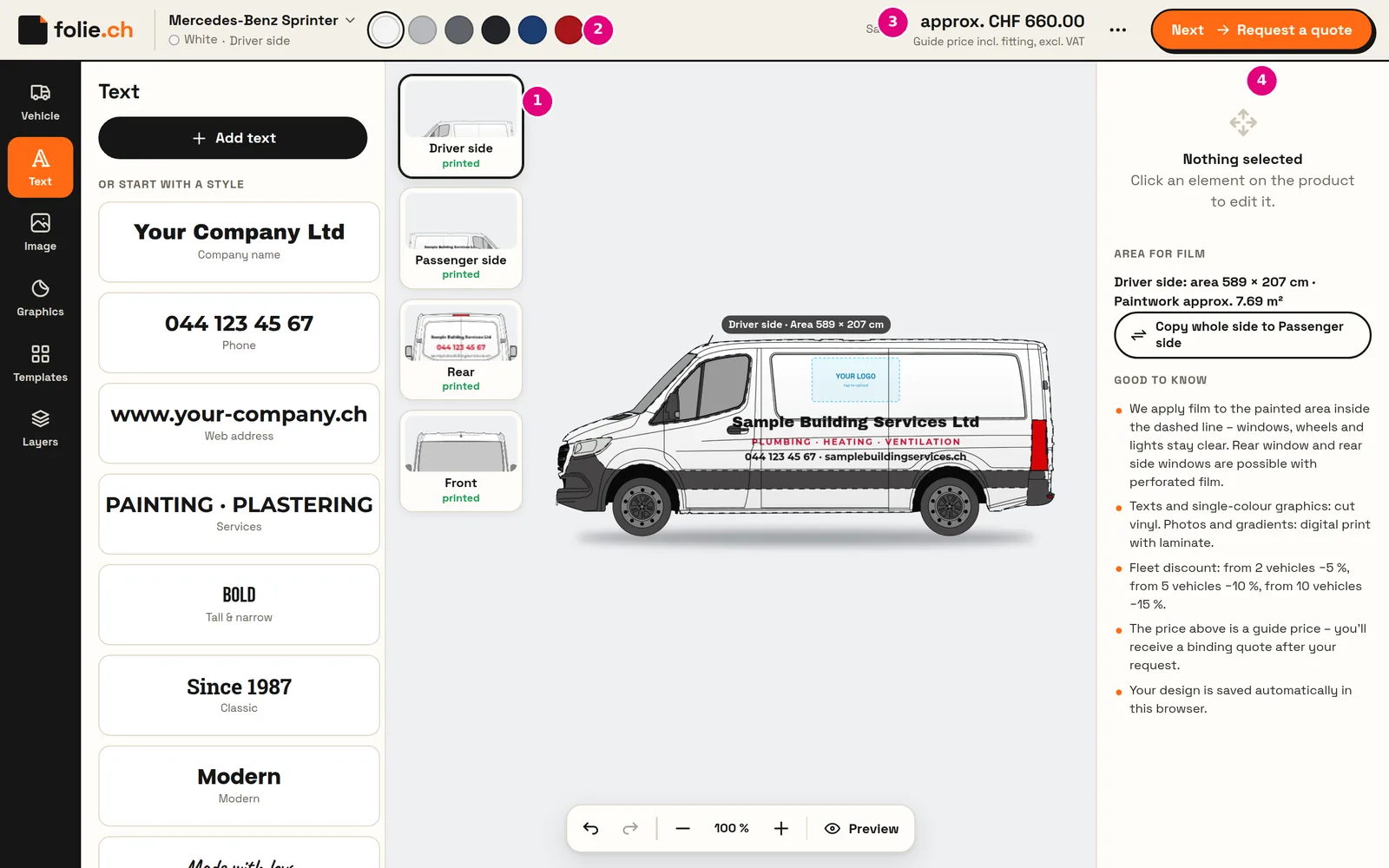 Vehicle in the designer with four sides, colour and guide price