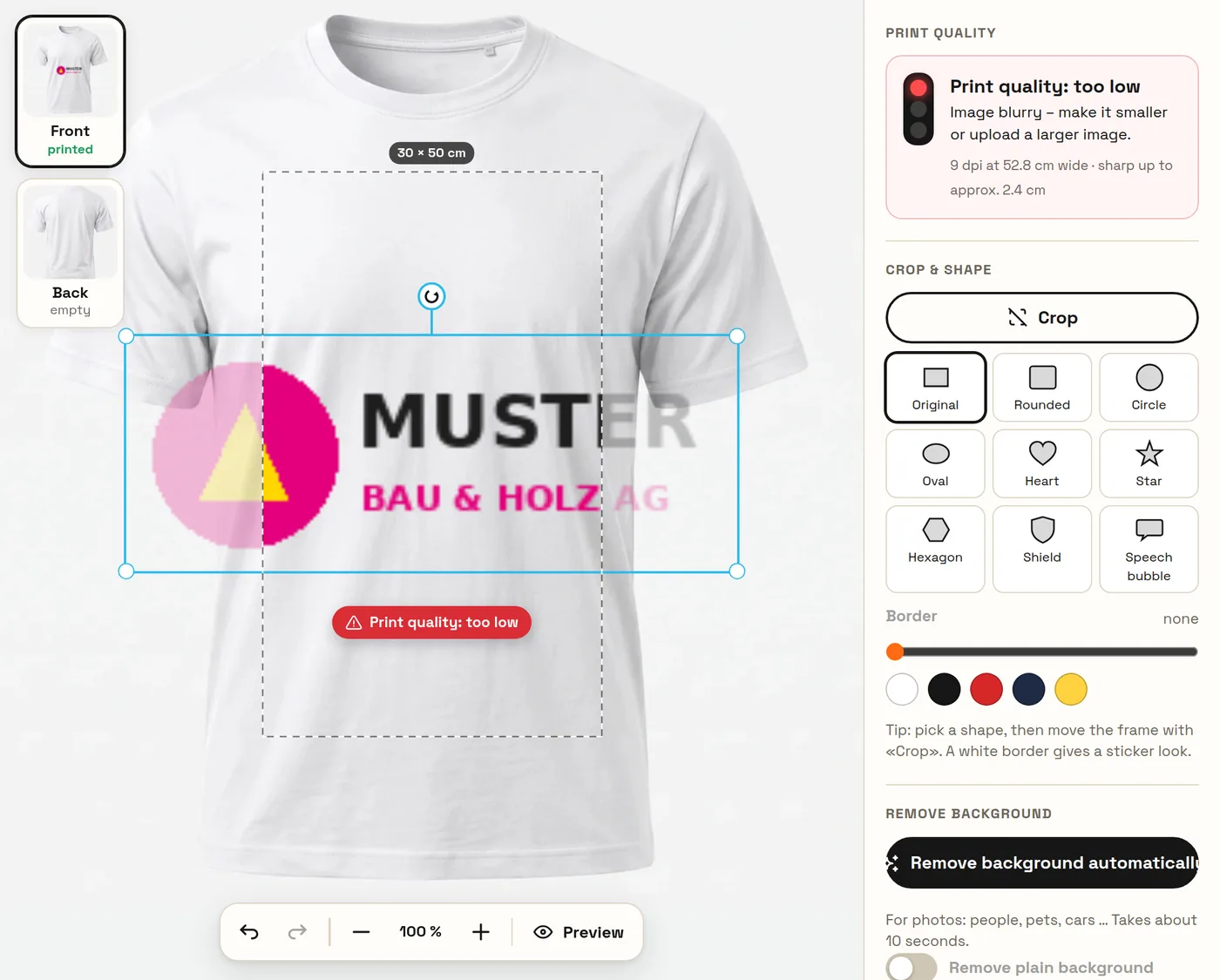 Small logo on a white shirt with a red warning: print quality too low