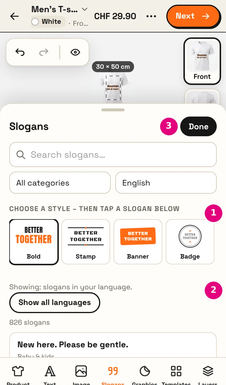 Slogans on a phone: choose a style and tap a slogan