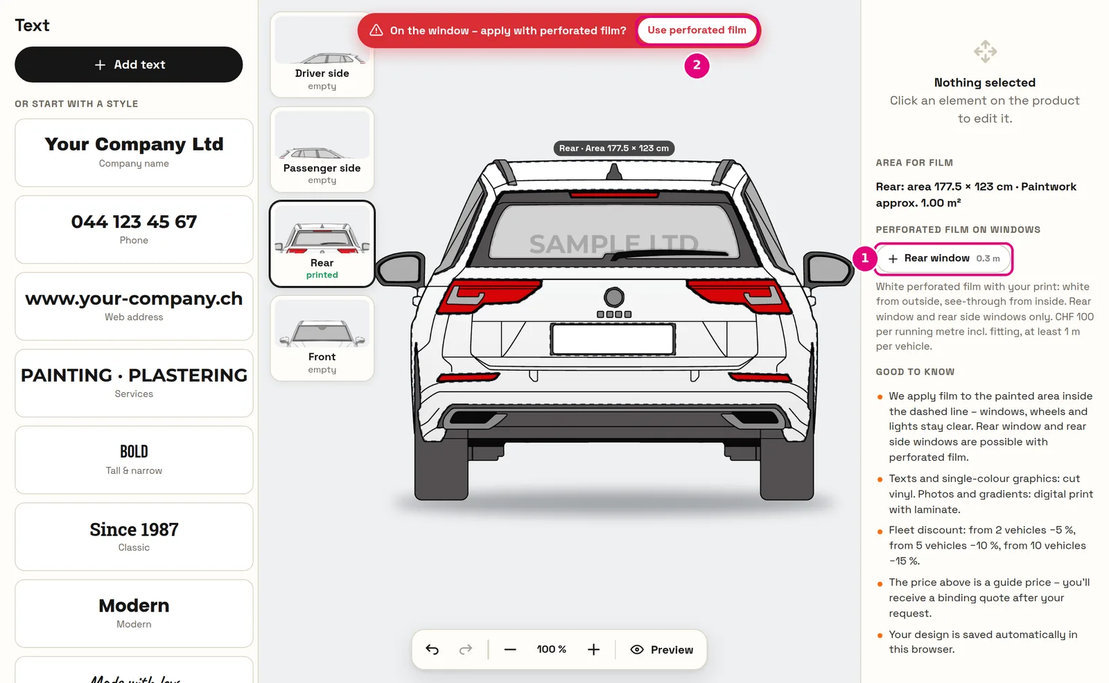 Vehicle designer: text on the rear window, “Use perforated film” button and “Rear window”