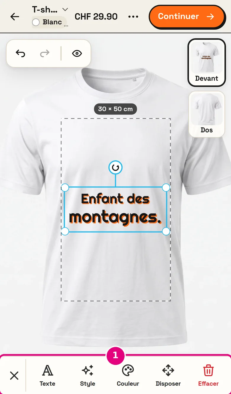 Slogan «Enfant des montagnes.» sélectionné sur mobile, avec la barre d’édition