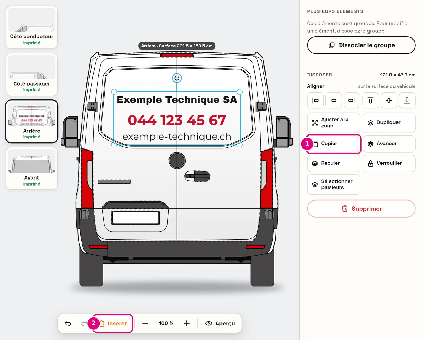 Groupe sélectionné, boutons Copier et Insérer