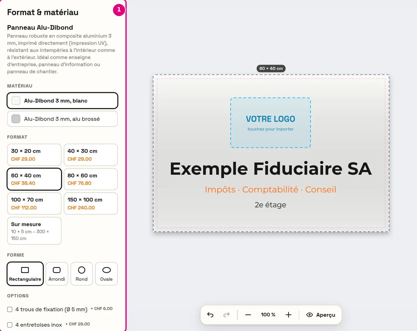 Panneau dans le designer avec format, matériau et forme