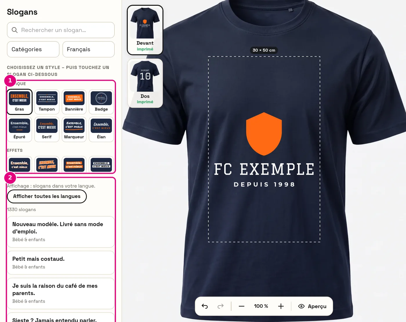 Slogans : en haut les styles, en dessous la liste des slogans