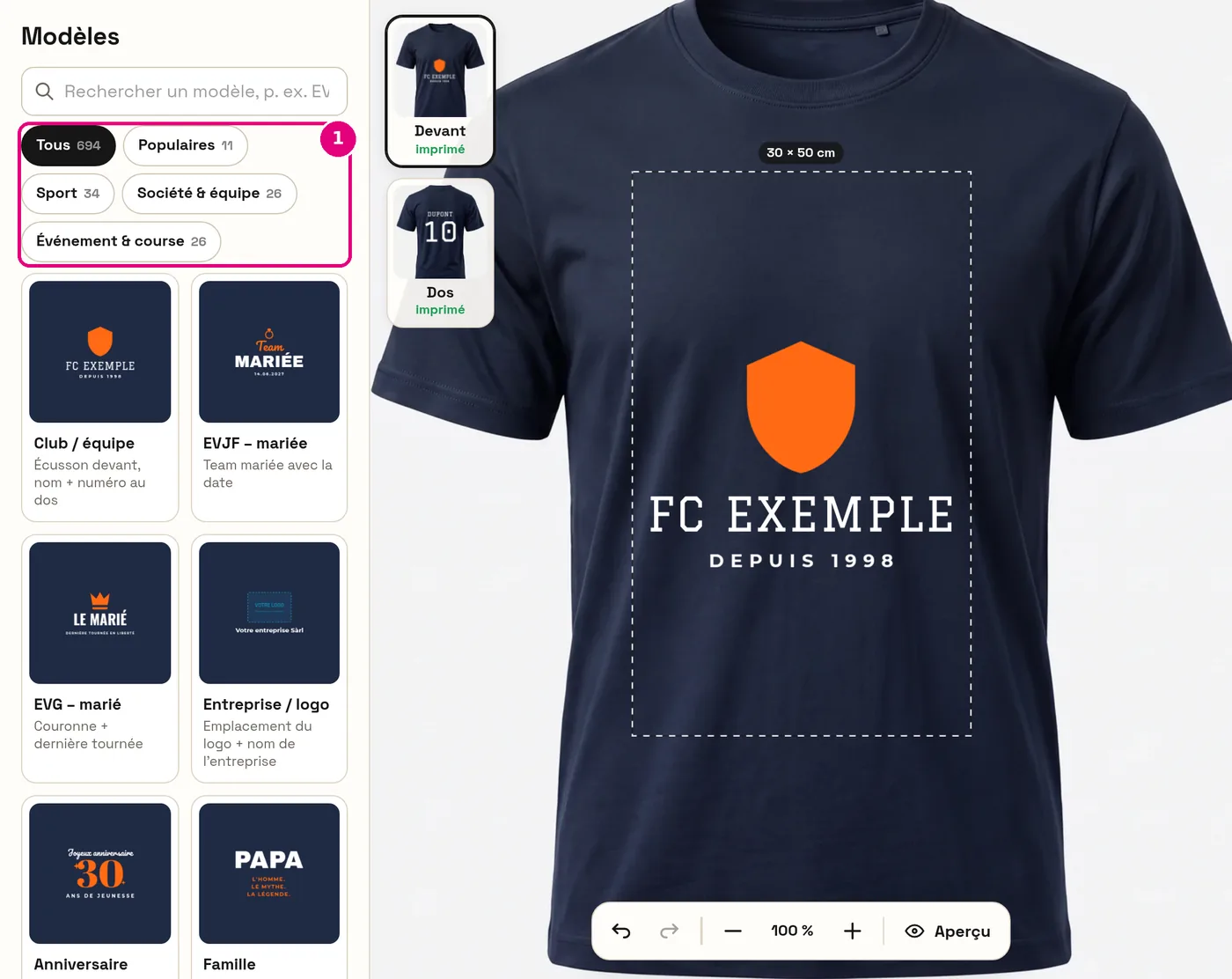 Modèles avec des catégories comme club, EVJF ou anniversaire
