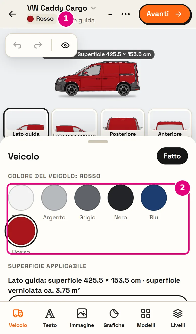 Scegliere il colore del veicolo sul cellulare