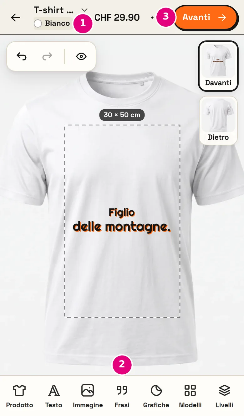 Designer sul cellulare: colore, strumenti e Avanti
