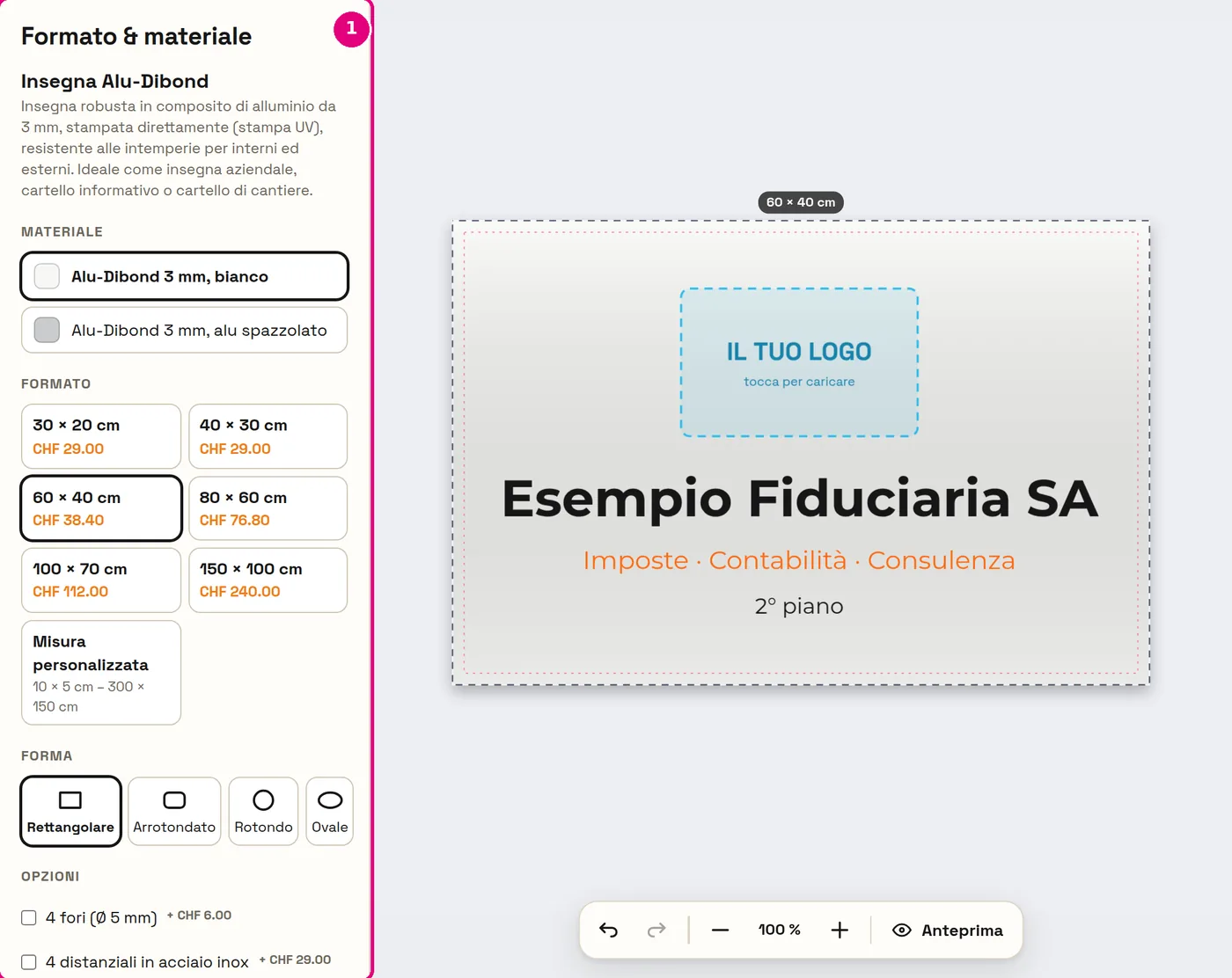 Insegna nel designer con formato, materiale e forma