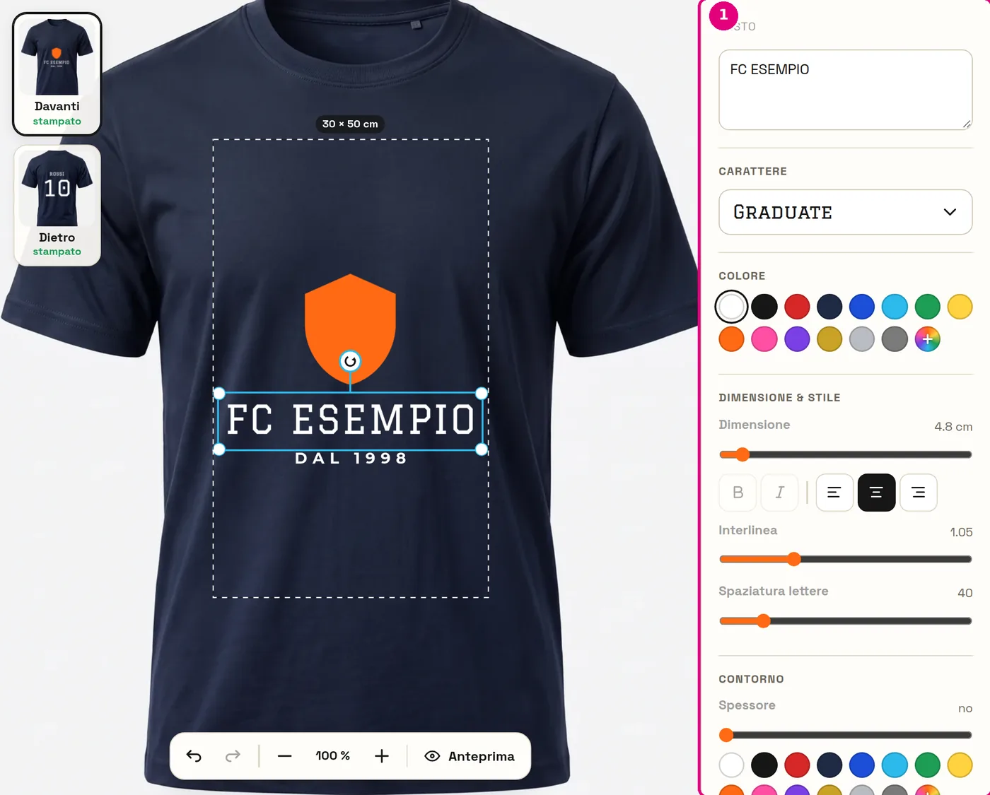 Testo selezionato, a destra carattere, colore, dimensione e contorno
