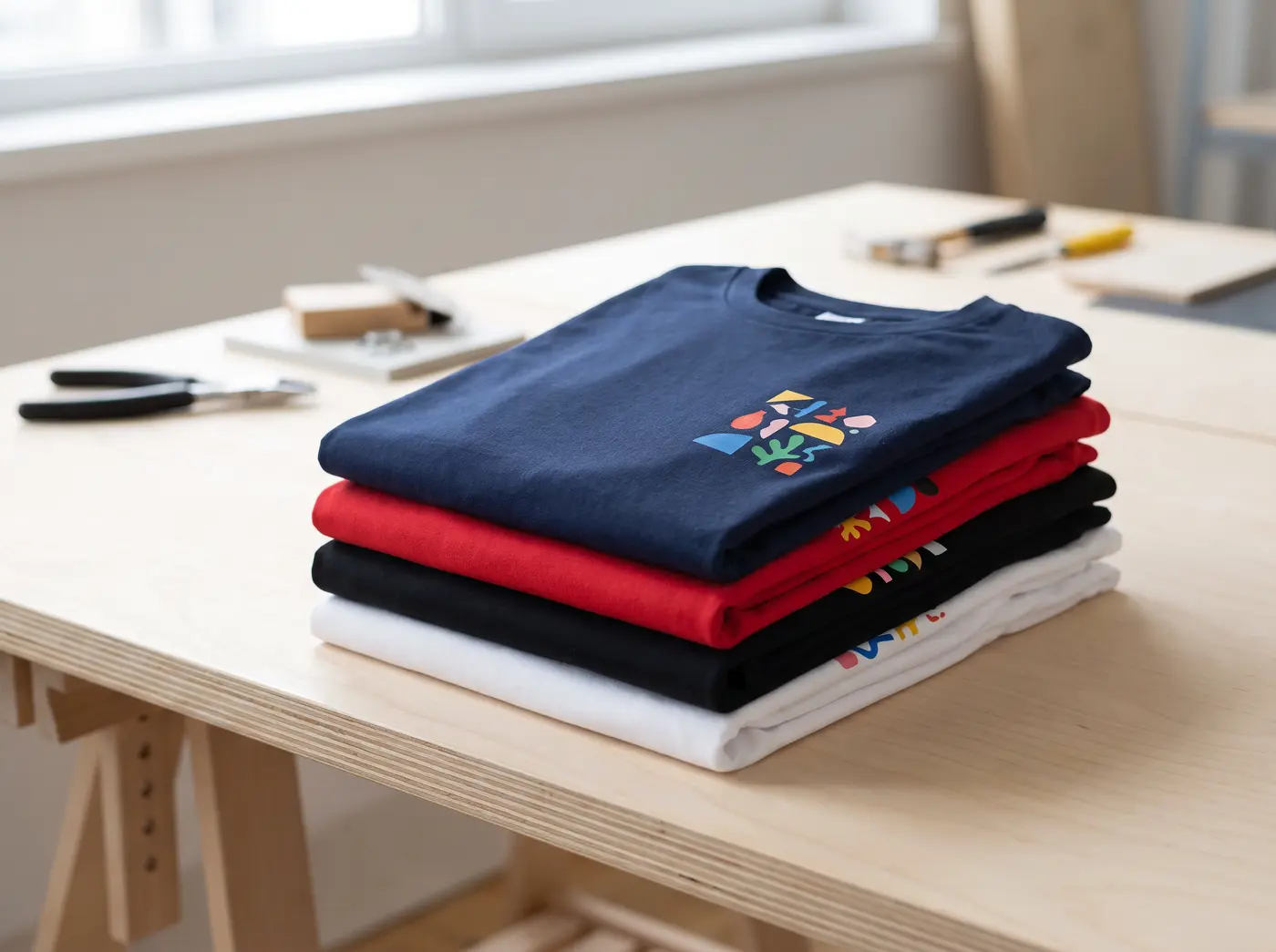 Pile de t-shirts imprimés marine, rouges, noirs et blancs