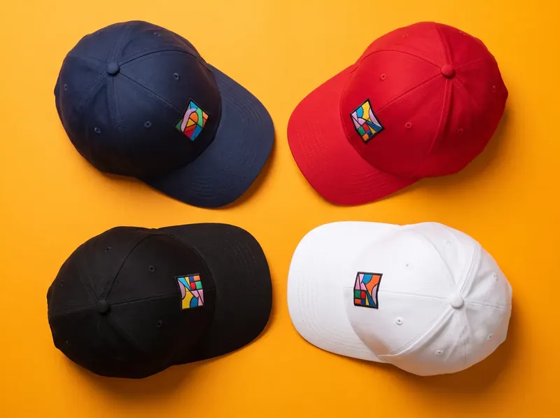 Vier Caps in Navy, Rot, Schwarz und Weiss mit farbigem Logo auf der Front, auf orangem Hintergrund