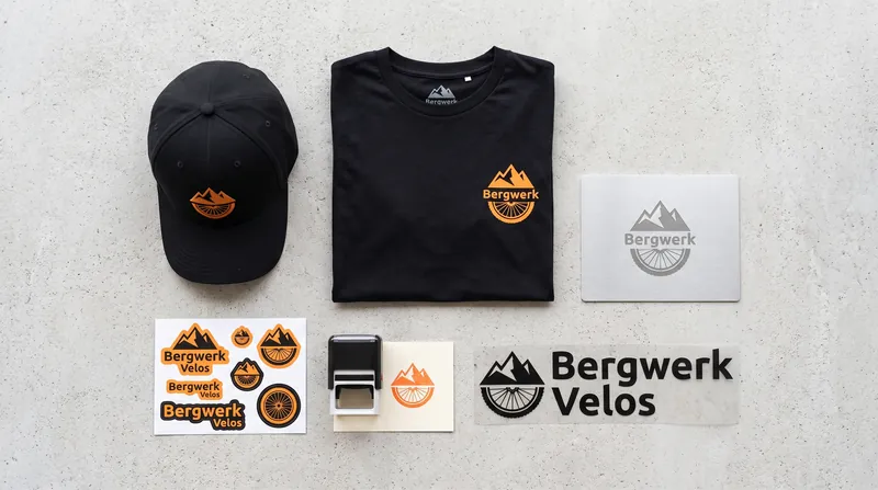 Schwarzes T-Shirt, schwarze Cap, Aufkleberbogen, Stempel, Schild und Klebeschrift mit demselben orangen Velo-Logo auf grauem Untergrund
