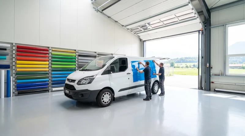 Zwei Mitarbeiter bringen eine blaue Folie an der Seitenwand eines weissen Transporters an, in einer hellen Werkstatthalle mit Regal voller farbiger Folienrollen