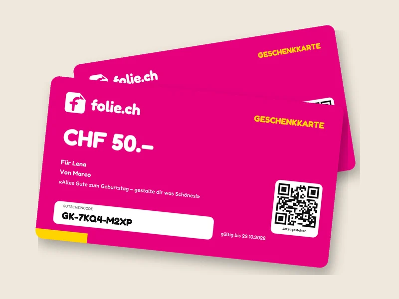 Two pink folie.ch gift cards worth CHF 50 and CHF 100 with voucher code and QR code