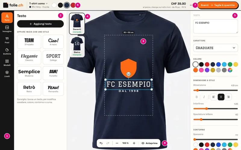 Designer online di folie.ch con una t-shirt blu navy e il logo di una società sportiva