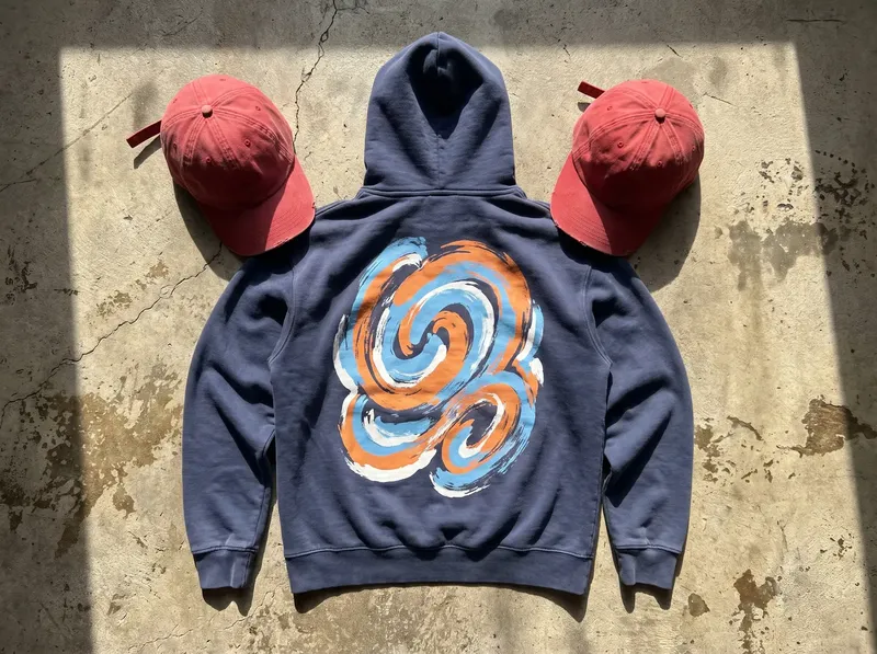 Navyblauer Hoodie mit grossem, farbigem Rückenprint, daneben zwei rote Caps auf Betonboden
