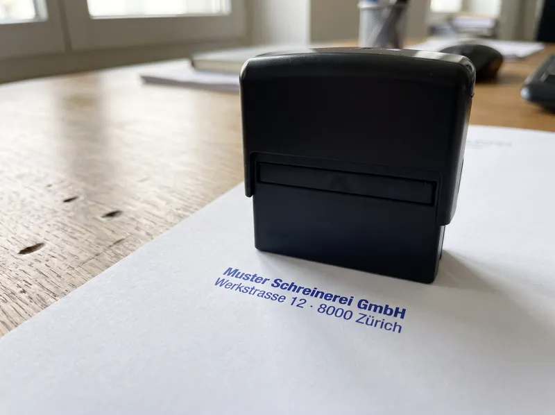 Schwarzer Selbstfärber-Stempel auf Papier, daneben ein blauer Firmenstempel-Abdruck mit Firmenname und Adresse