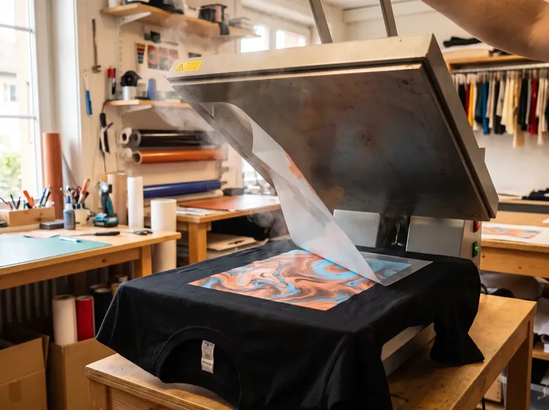 Transferpresse in der Textilwerkstatt: Ein farbiges Motiv wird auf ein schwarzes Shirt gepresst