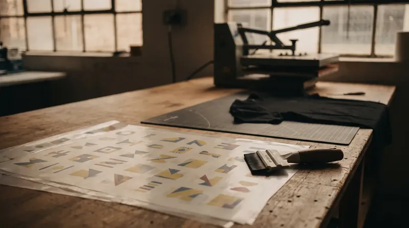 Bedruckte Transferfolie mit vielen kleinen Motiven auf dem Werktisch, im Hintergrund Transferpresse und schwarzes Shirt