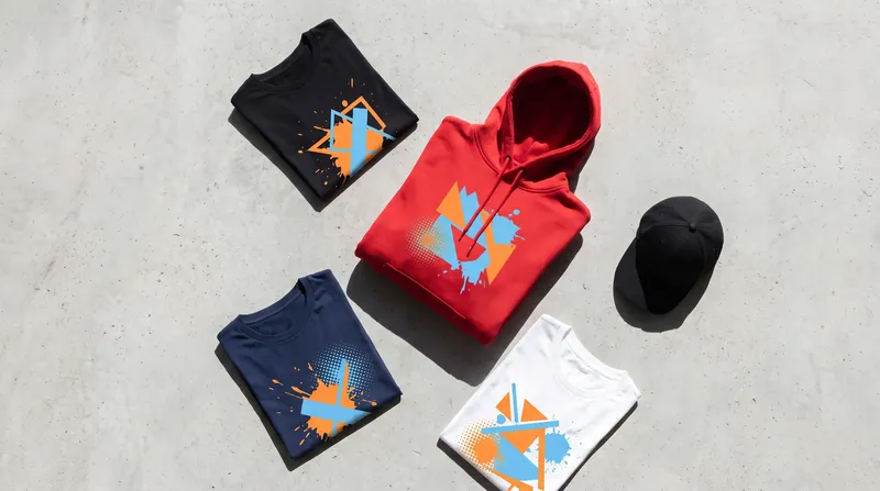 T-Shirts in Schwarz, Navy und Weiss sowie ein roter Hoodie mit gleichem farbigem Motiv, daneben eine schwarze Cap