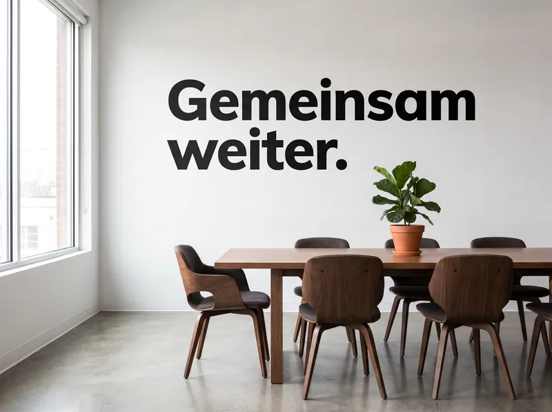 Schwarzer Schriftzug «Gemeinsam weiter.» als Wandtattoo an einer weissen Wand über einem Besprechungstisch im Büro