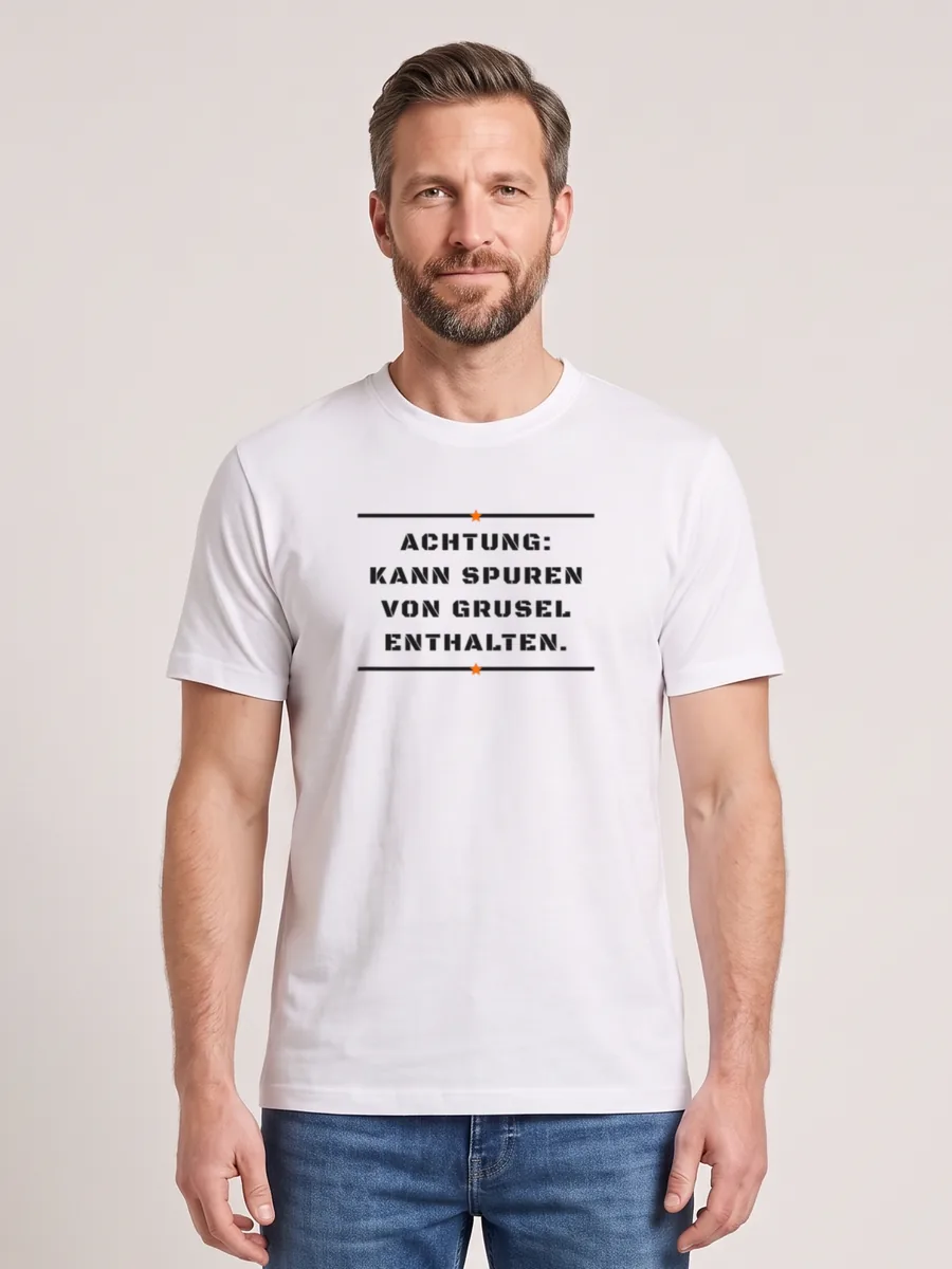 Achtung: kann Spuren von Grusel enthalten. – T-Shirt Herren
